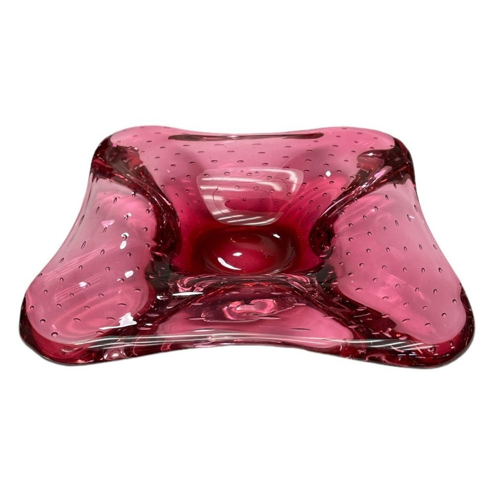 Cranberry Controlled Bubble Blown Art Glass Square Bowl Plate Serving or Decor